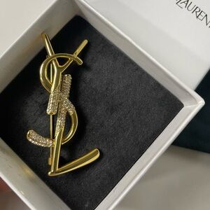 Saint Laurent Gold and Clear Crystal YSL Logo Brooch